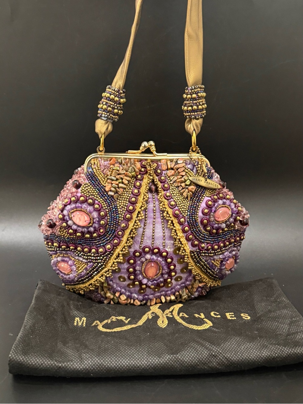 Vintage MARY FRANCES Handcrafted Purple Heavily Beaded Cabochon Gemstones Bag
